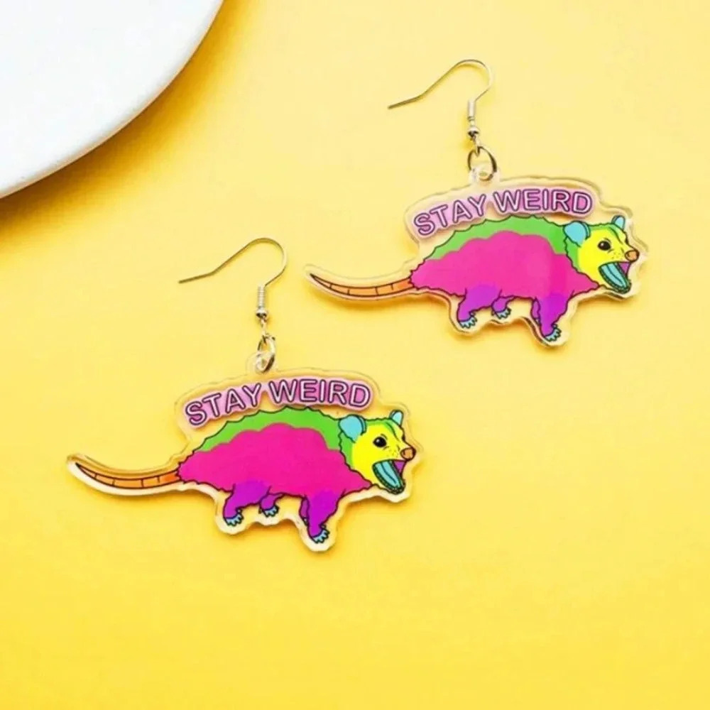 Pink yellow green mouse Stay Weird dangle drop earrings girls ladies colorful